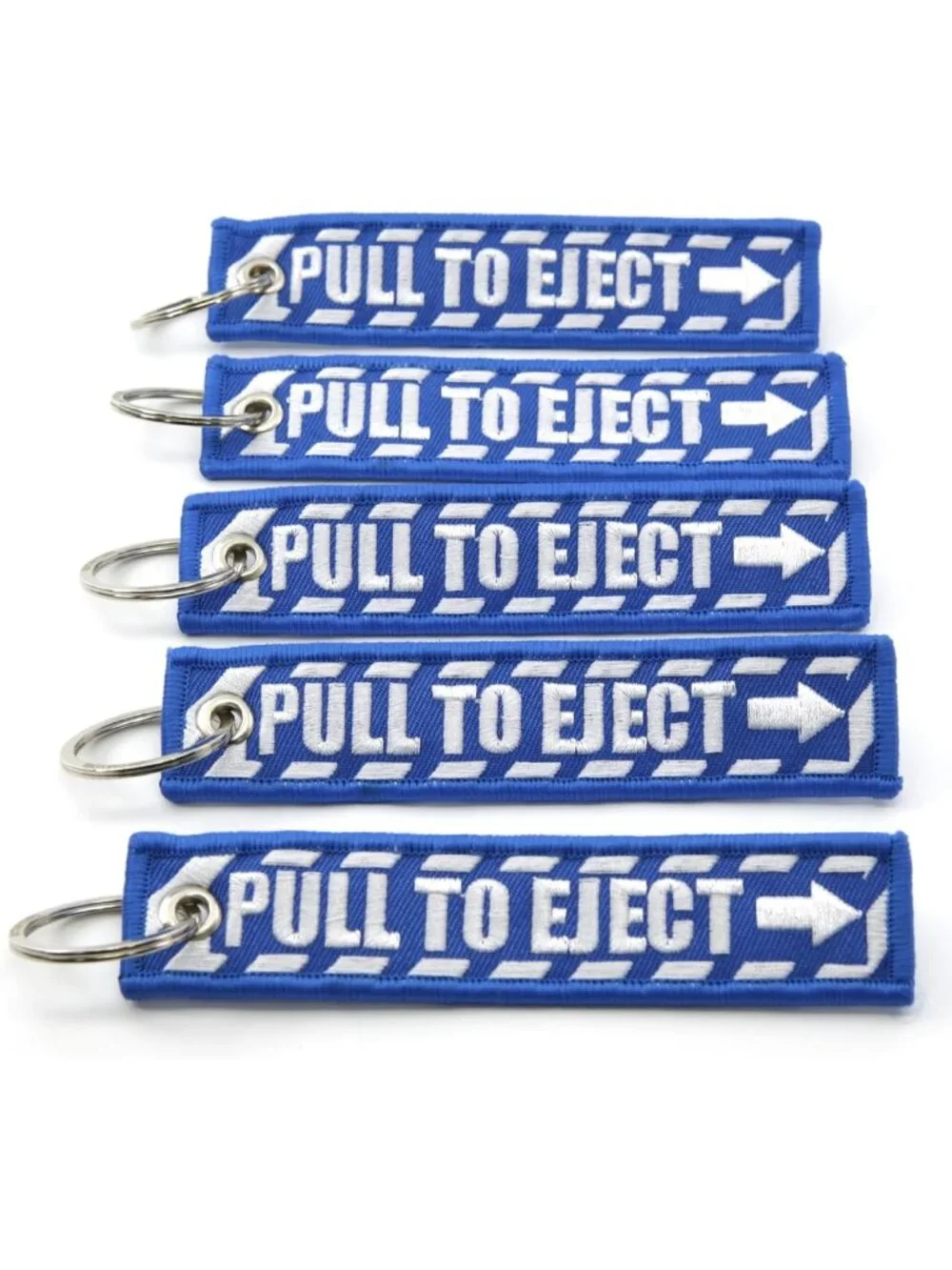 Blue Jet Tag Keychain - PULL TO EJECT Design with White Embroidery - Unique Gift